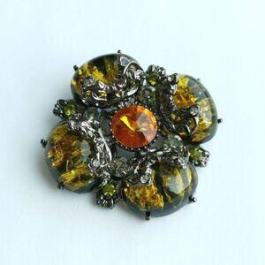 Vintage 80's faux Amber and crystal statement brooch